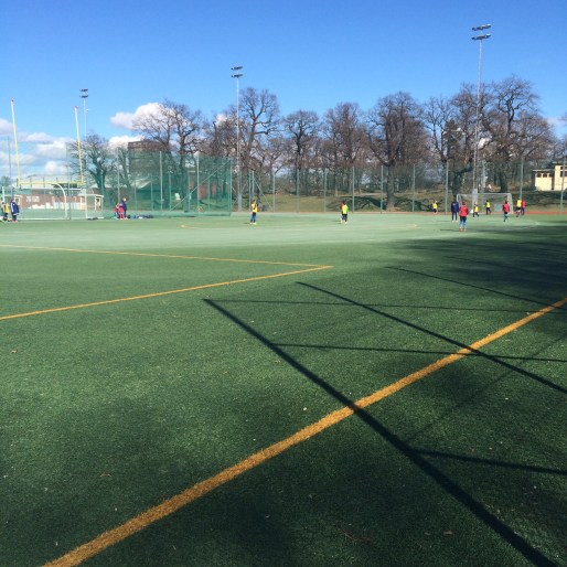 Texten handlar om hur idrottsföräldrar ska jag agera efter en tävling. Därför är det passande med barn som spelare fotboll på en fotbollsplan.